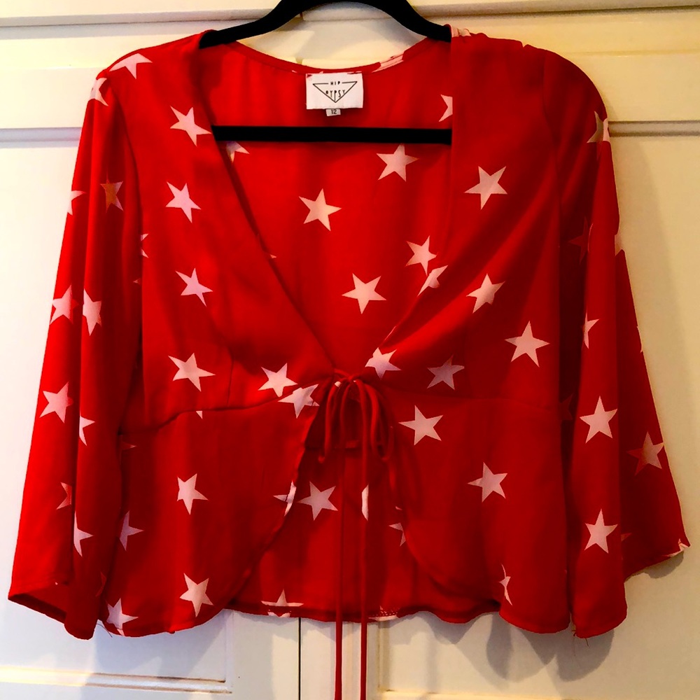 Lightweight red with white stars crop top with tie in center front, 12